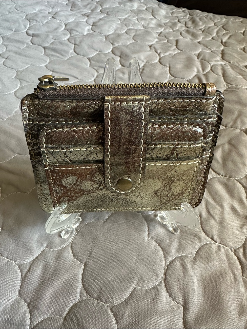 Patricia Nash NWOT Metallic Gray Brown Leather Women's Card Wallet